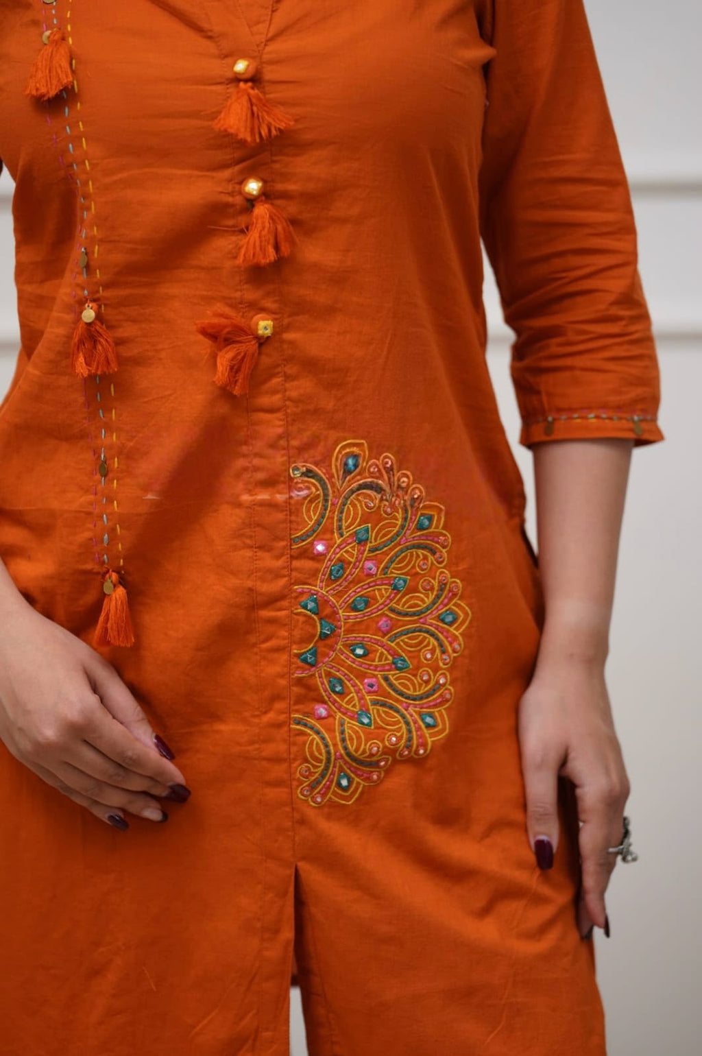 Women's Rust Orange Embroidered Short Kurta Co-Ord Set | Ethnic Fusion Wear