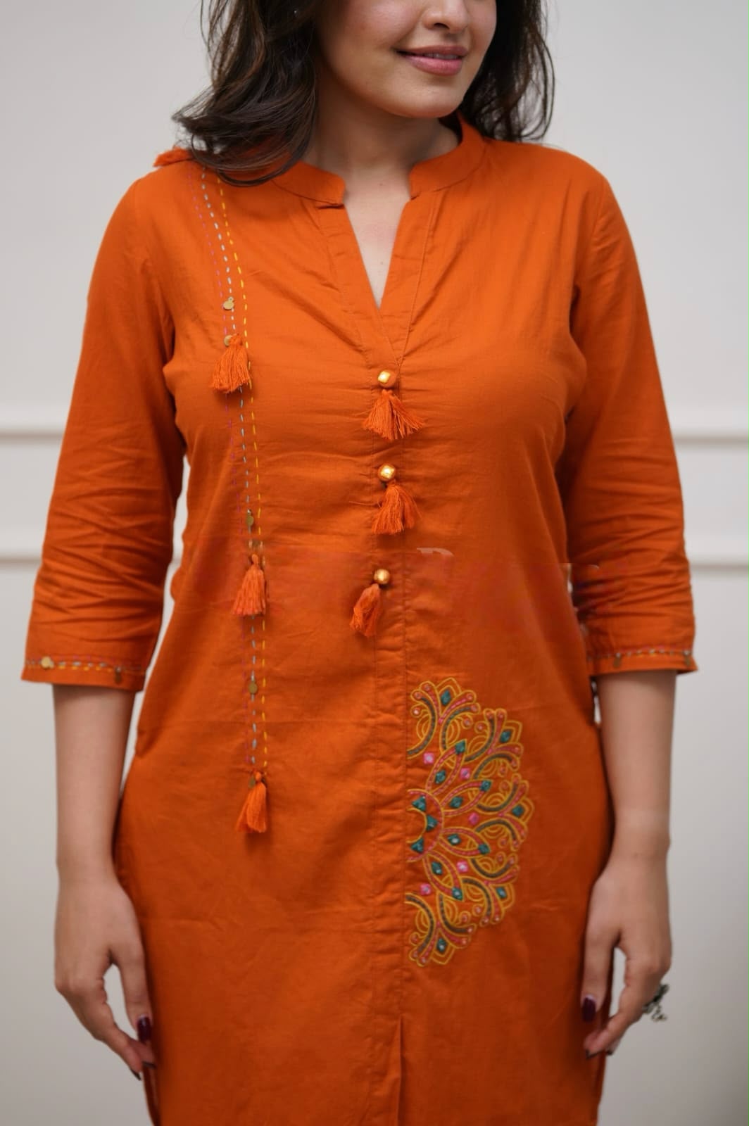 Women's Rust Orange Embroidered Short Kurta Co-Ord Set | Ethnic Fusion Wear