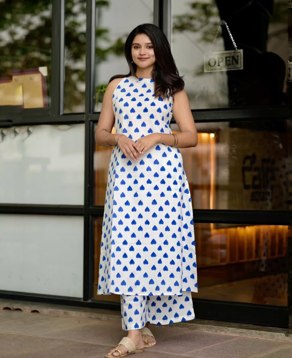 Sleeveless Halter-Neck A-Line Kurta with Wide-Leg Pants Set