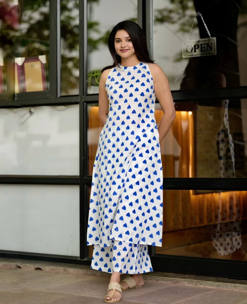 Sleeveless Halter-Neck A-Line Kurta with Wide-Leg Pants Set