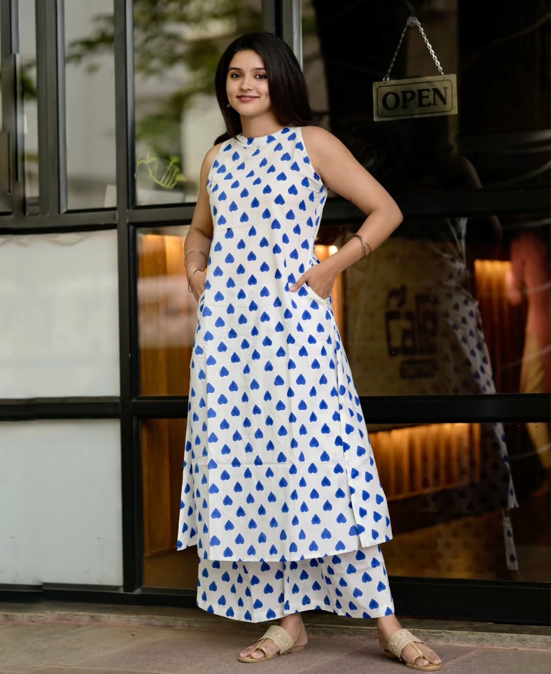 Sleeveless Halter-Neck A-Line Kurta with Wide-Leg Pants Set