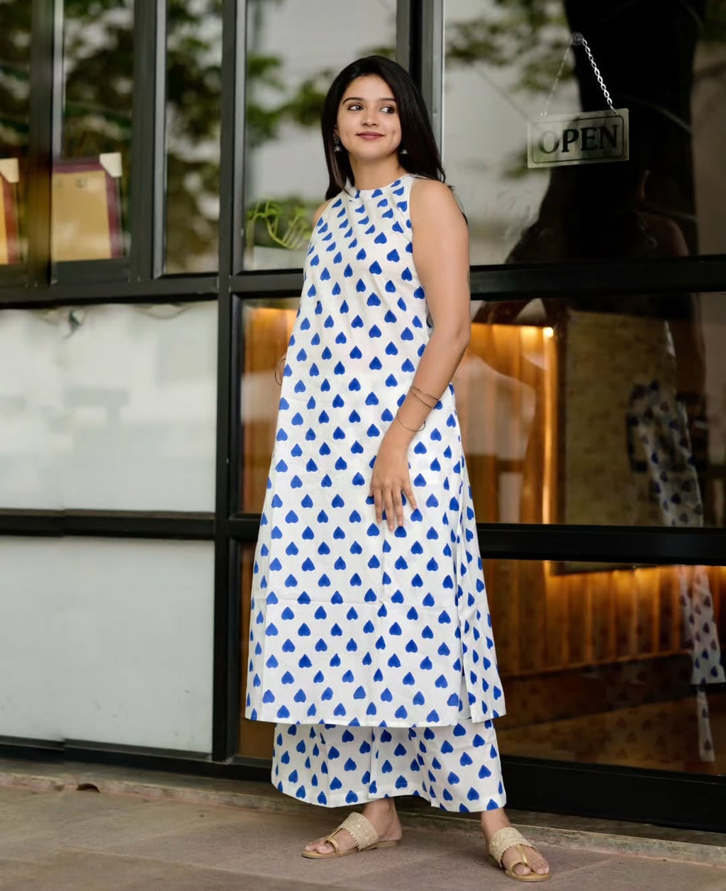 Sleeveless Halter-Neck A-Line Kurta with Wide-Leg Pants Set