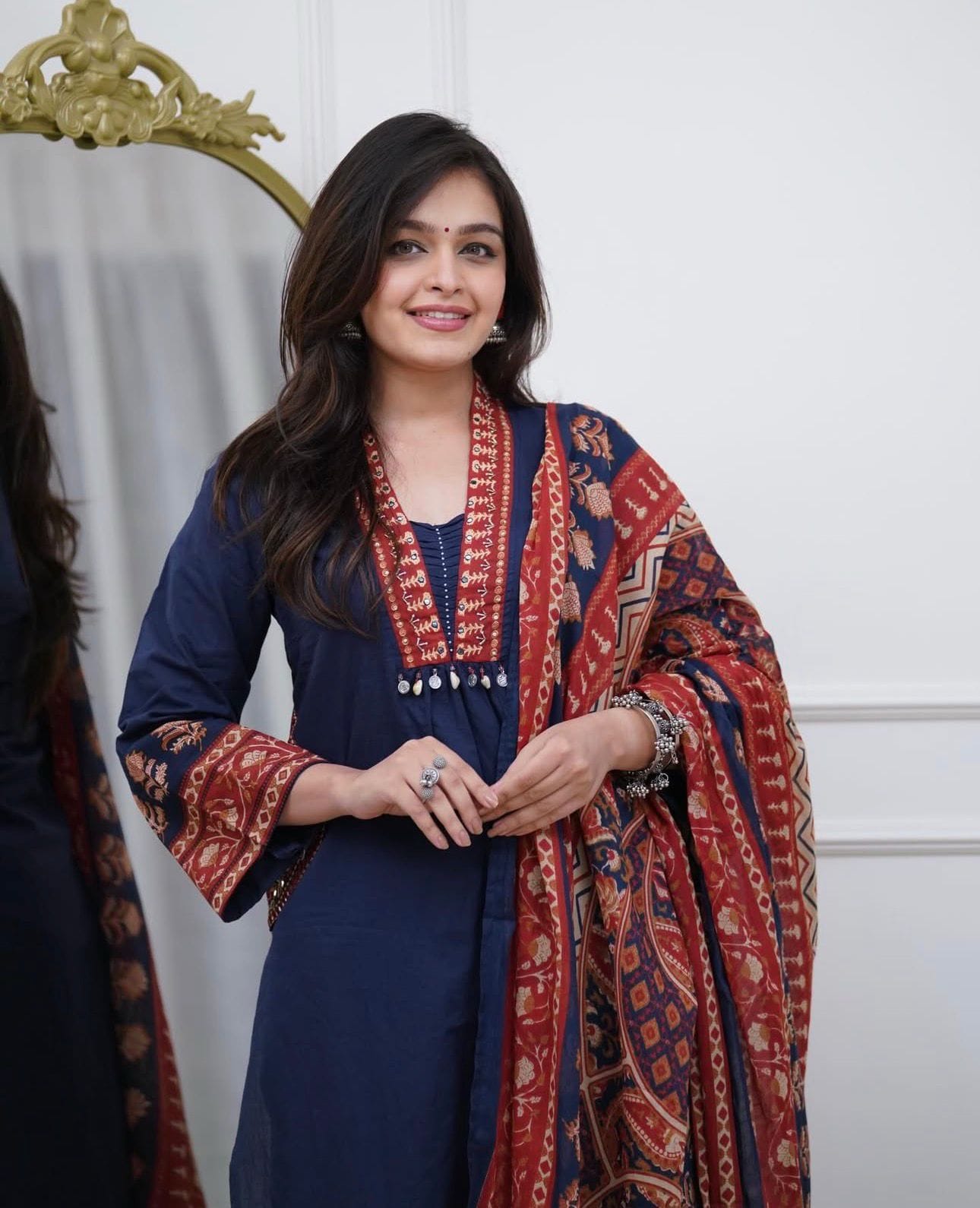 Straight Fit Kurta with Trousers and Printed Dupatta Set