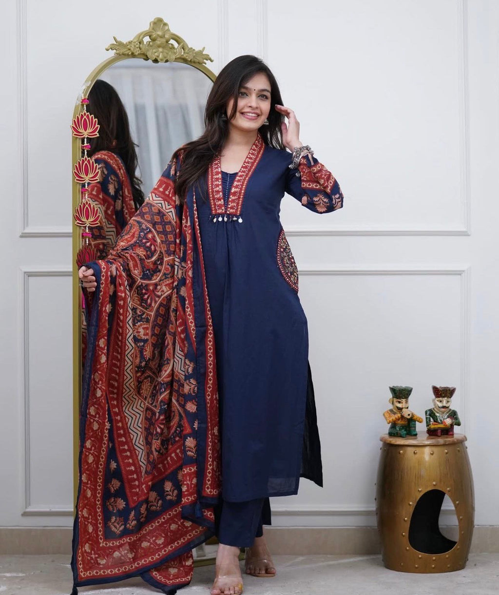 Straight Fit Kurta with Trousers and Printed Dupatta Set