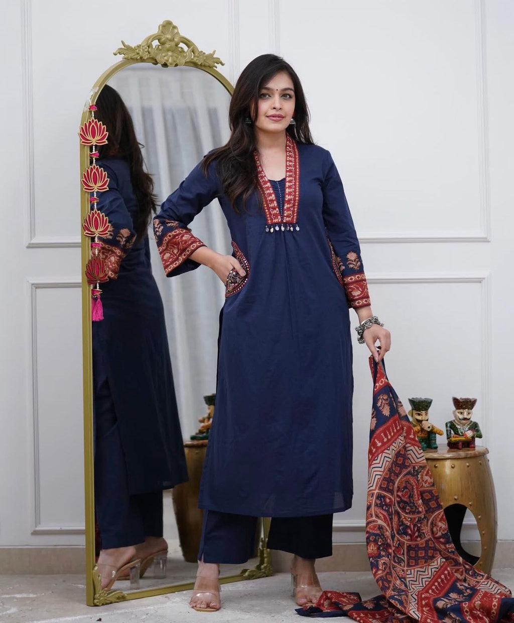 Straight Fit Kurta with Trousers and Printed Dupatta Set