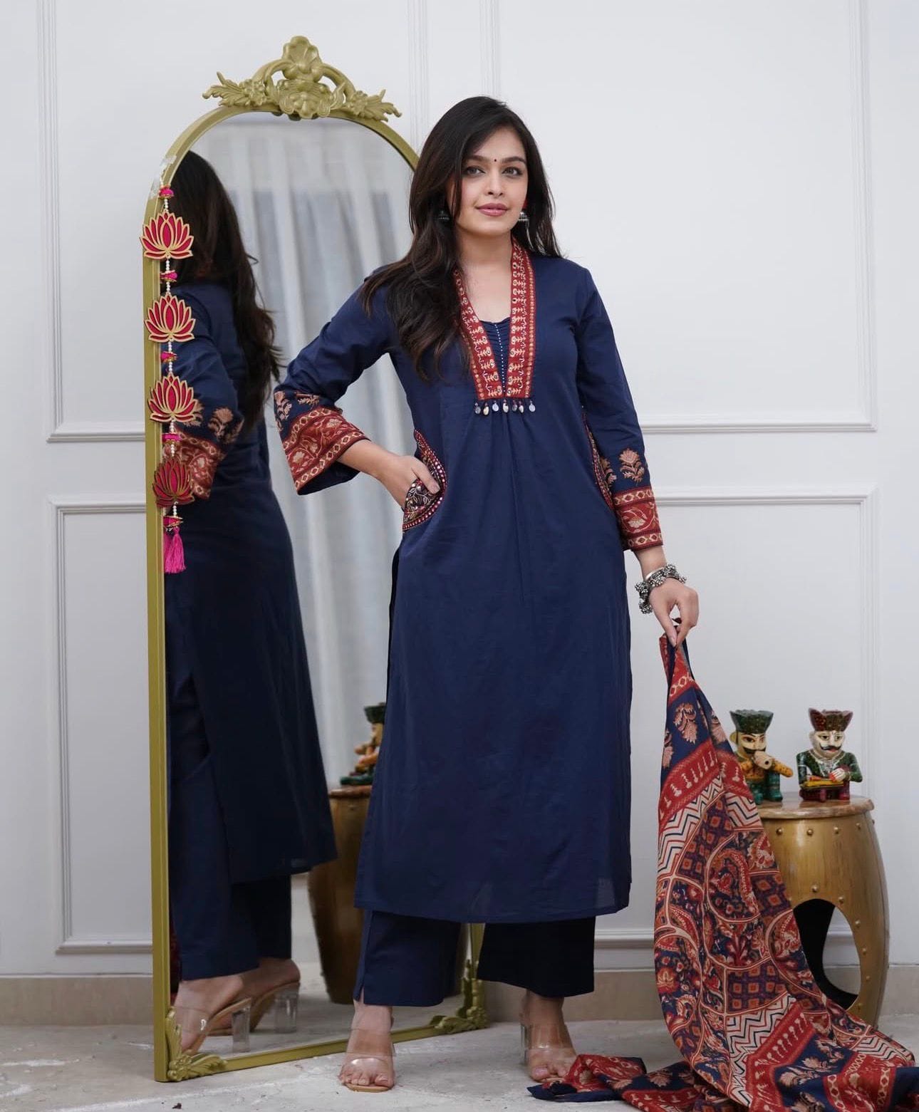 Straight Fit Kurta with Trousers and Printed Dupatta Set