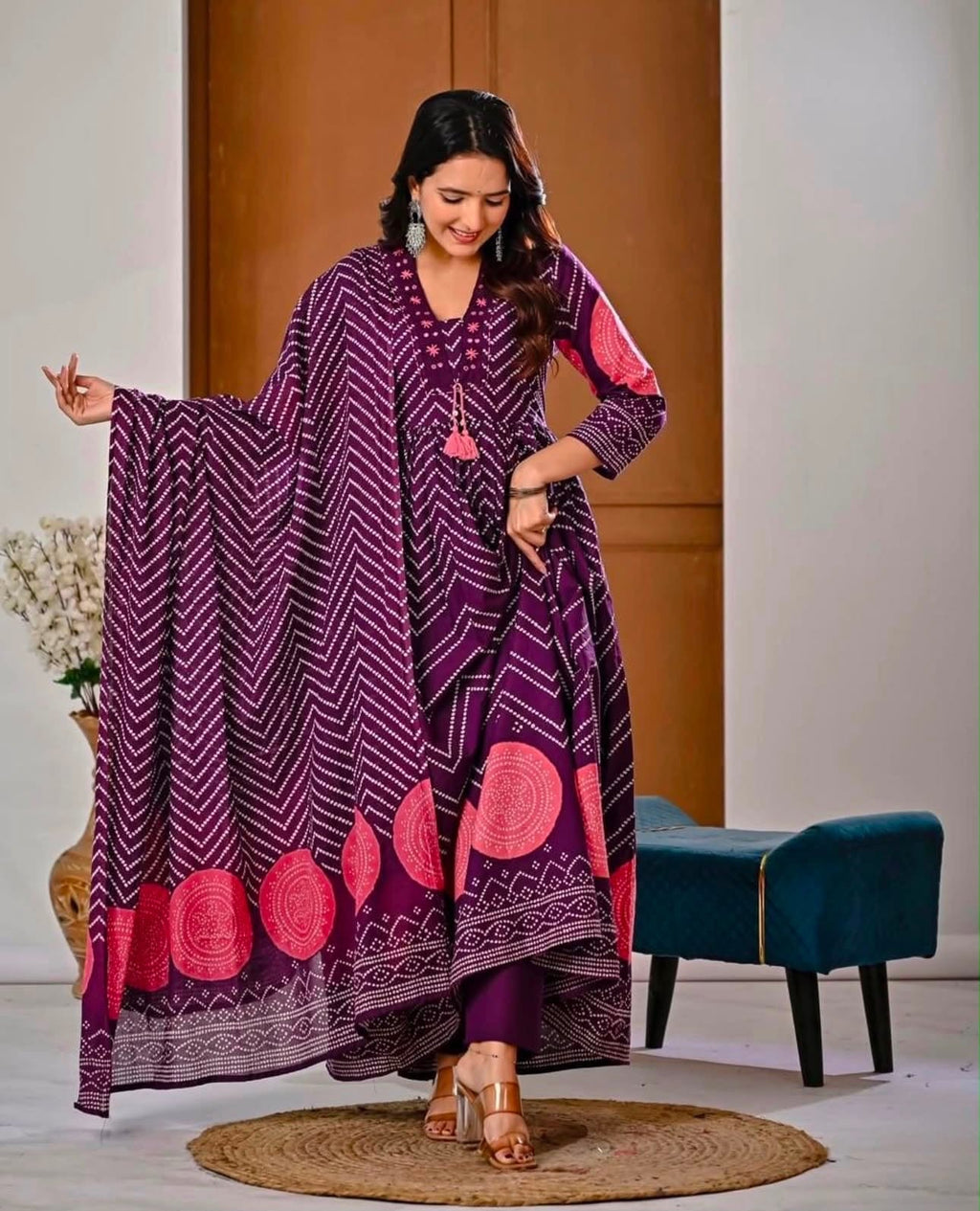Anarkali Fit Kurta with Trousers and Matching Dupatta Set