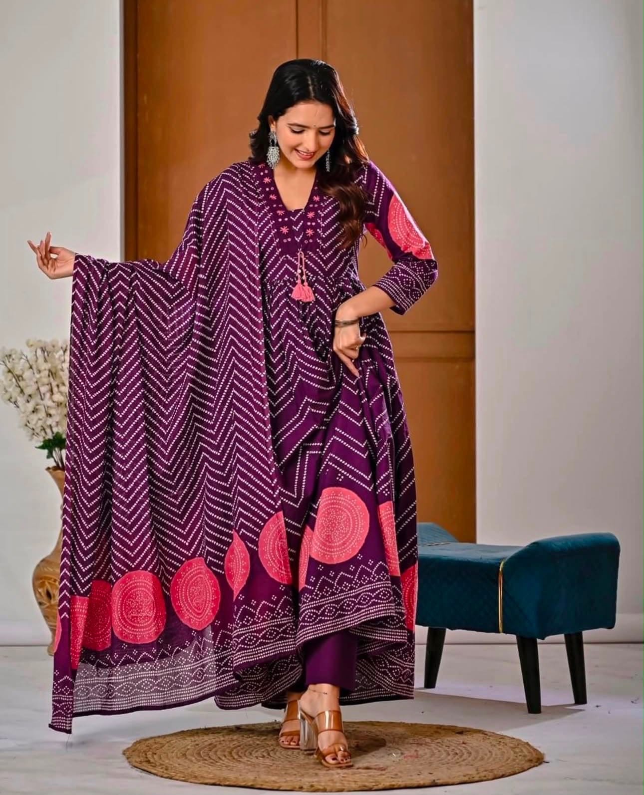 Anarkali Fit Kurta with Trousers and Matching Dupatta Set