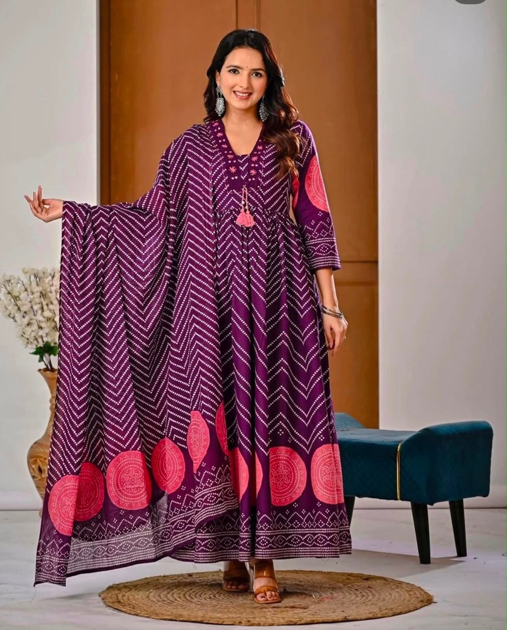 Anarkali Fit Kurta with Trousers and Matching Dupatta Set