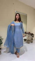 Women's sky blue embroidered suit