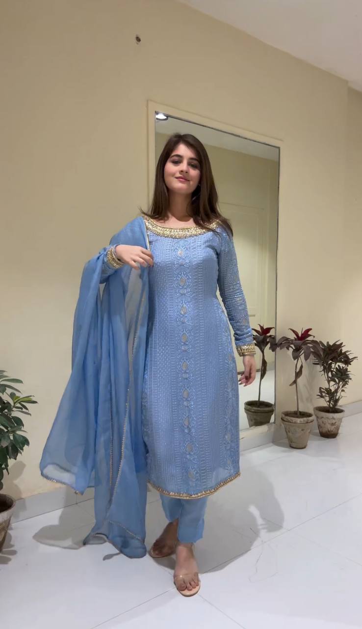 Women's sky blue embroidered suit