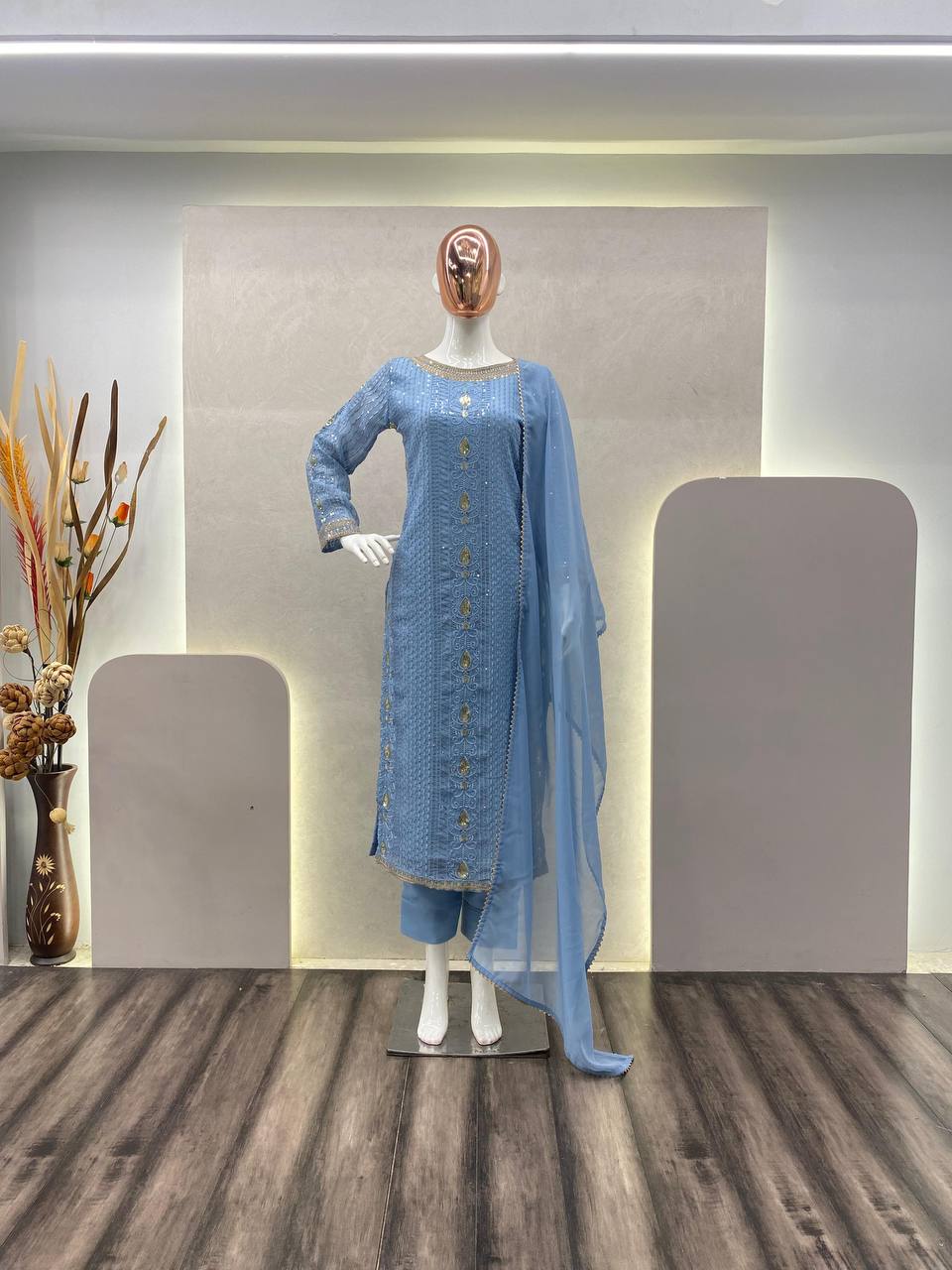 Women's sky blue embroidered suit