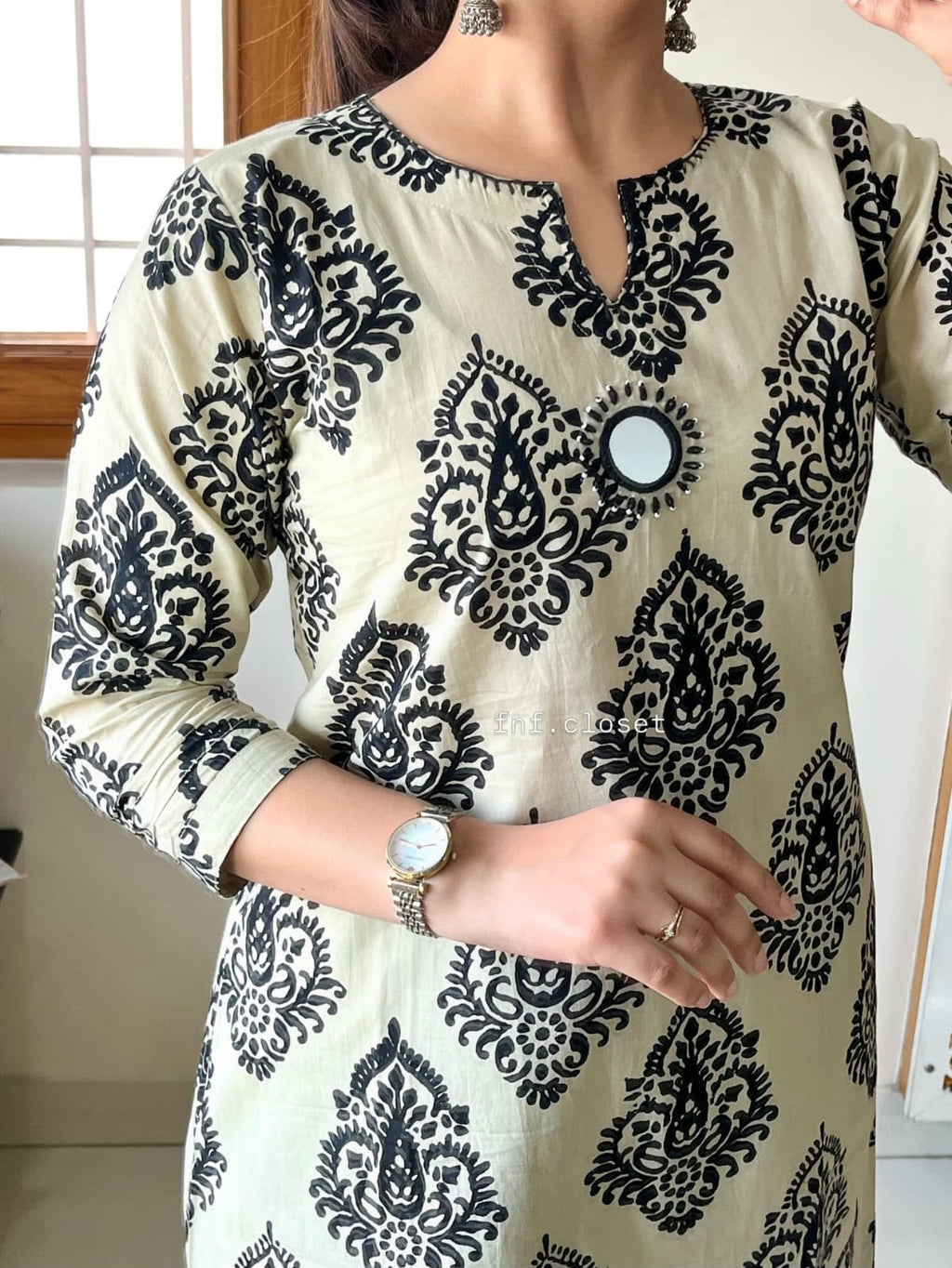 Women's Off-White & Black Paisley Block Printed Kurta Pant Set | Mirror Work Ethnic Wear