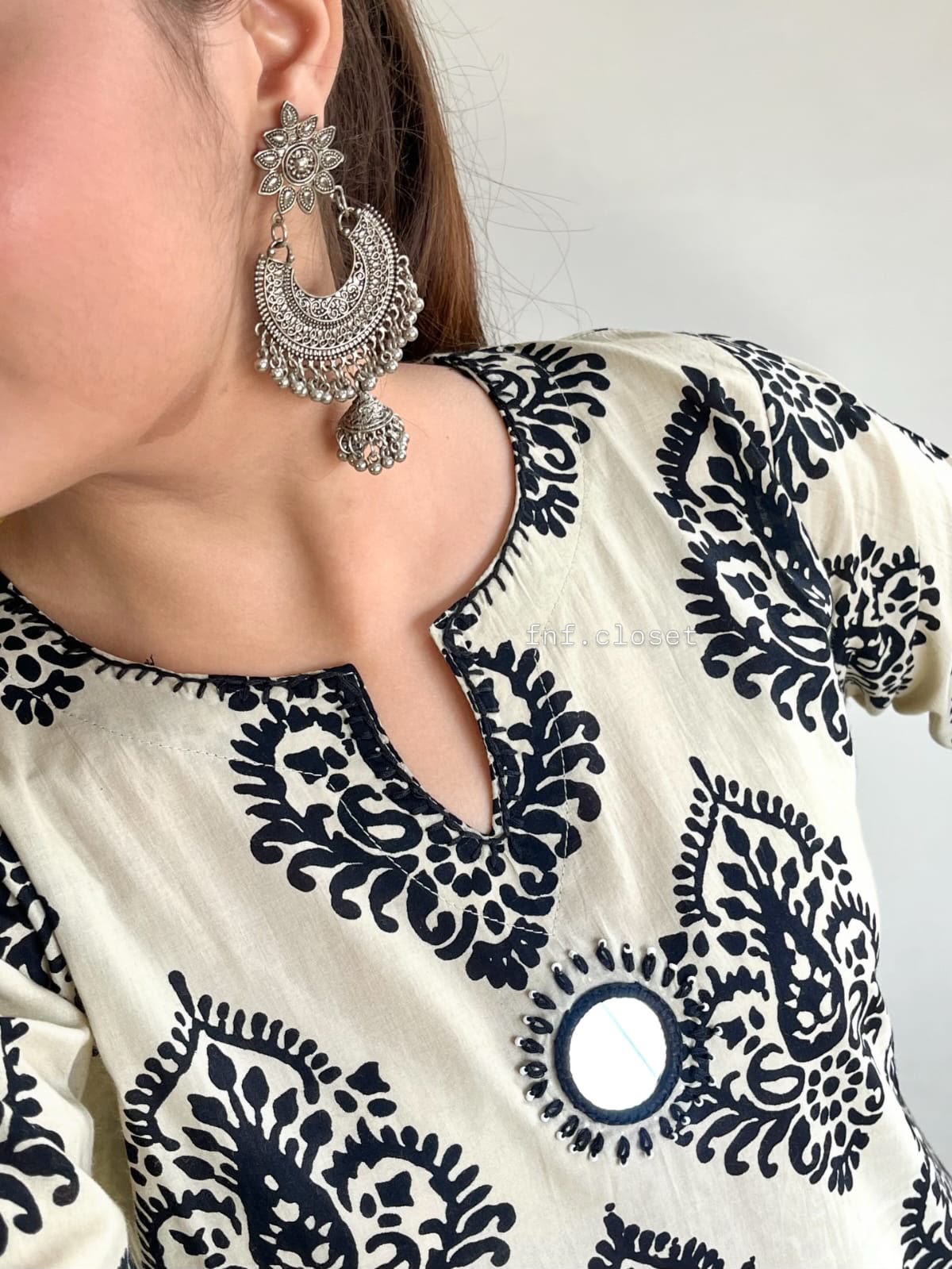 Women's Off-White & Black Paisley Block Printed Kurta Pant Set | Mirror Work Ethnic Wear