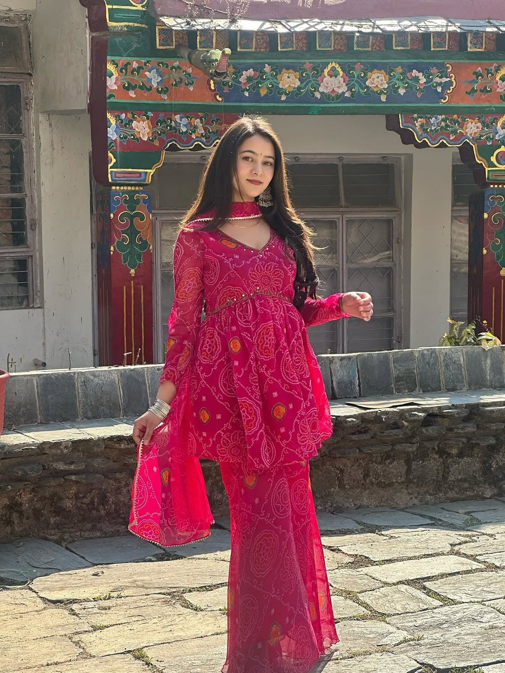 Short Flared Peplum Kurta with Sharara Pants and Dupatta Set