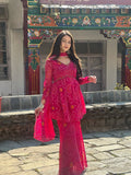 Short Flared Peplum Kurta with Sharara Pants and Dupatta Set