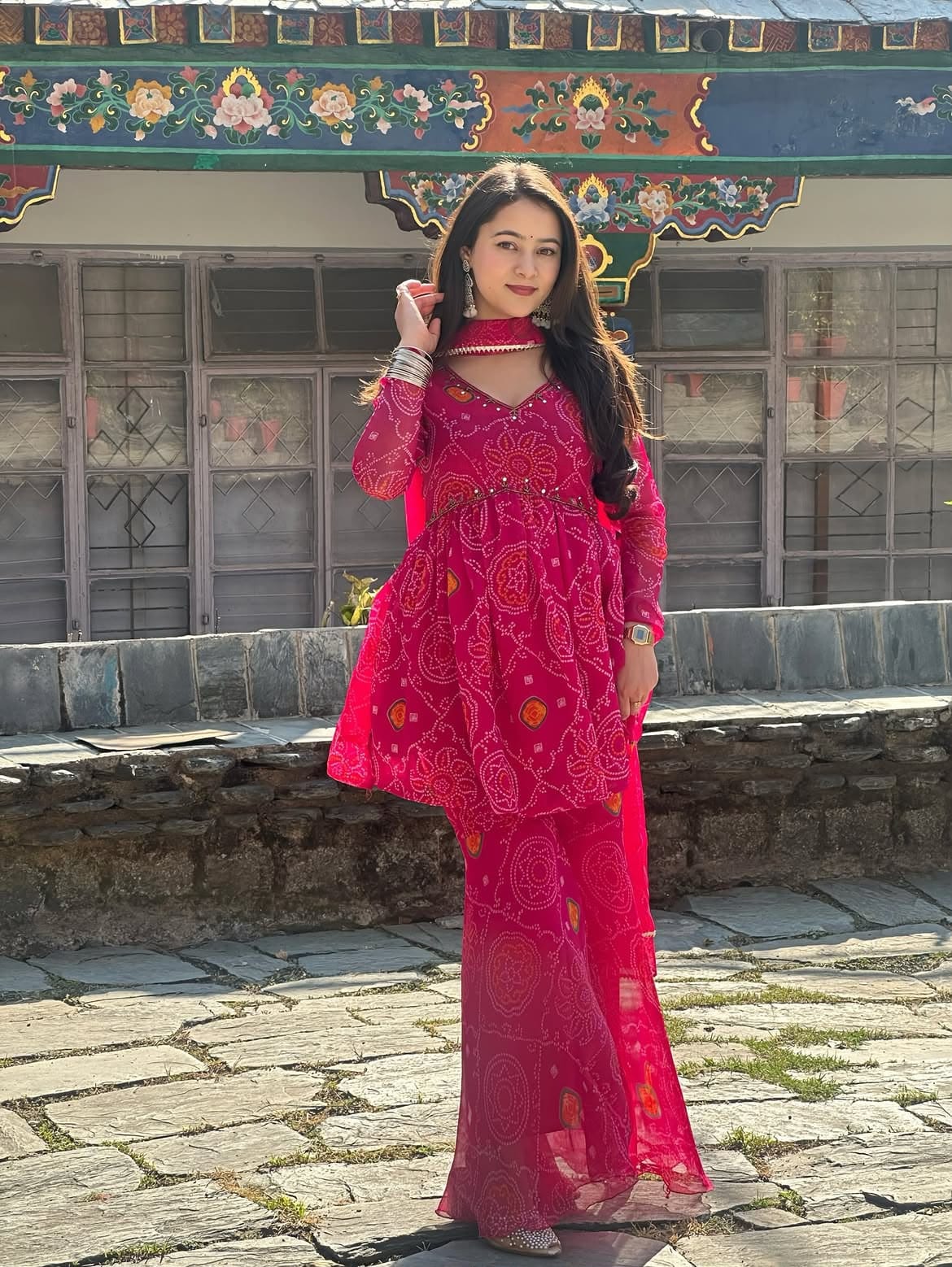 Short Flared Peplum Kurta with Sharara Pants and Dupatta Set
